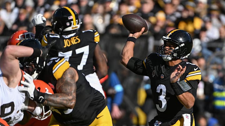 Dec 8, 2024; Pittsburgh, Pennsylvania, USA; Pittsburgh Steelers quarterback Russell Wilson (3) throws a pass against the Cleveland Browns during the first quarter at Acrisure Stadium. Mandatory Credit: Barry Reeger-Imagn Images