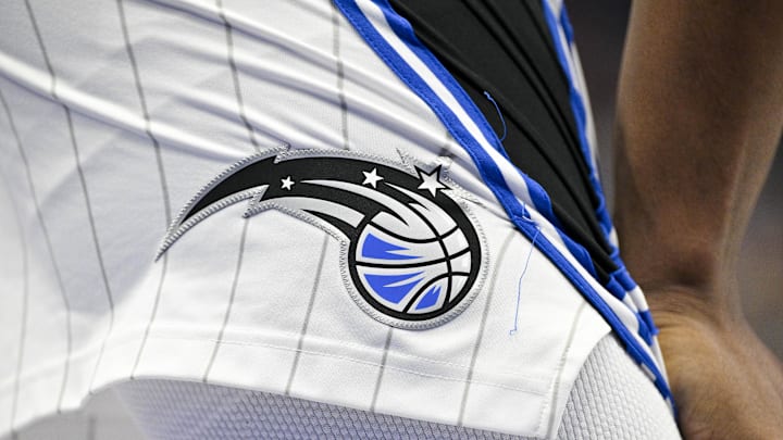 A view of the Orlando Magic logo during the game against the Dallas Mavericks.
