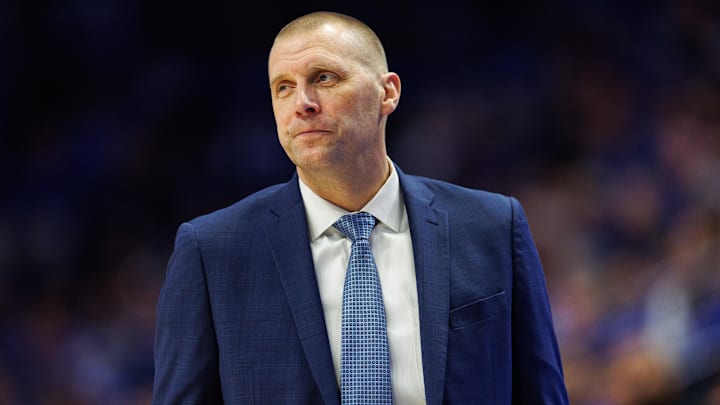 Nov 29, 2024; Lexington, Kentucky, USA; Kentucky Wildcats head coach Mark Pope looks on during the first half against the Georgia State Panthers at Rupp Arena at Central Bank Center. Mandatory Credit: Jordan Prather-Imagn Images
