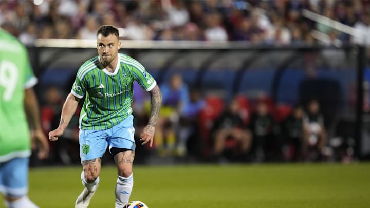 Apr 13, 2024; Frisco, Texas, USA; Seattle Sounders midfielder Albert Rusnák (11) plays the ball in the second half against the FC Dallas at Toyota Stadium. Mandatory Credit: Chris Jones-Imagn Images