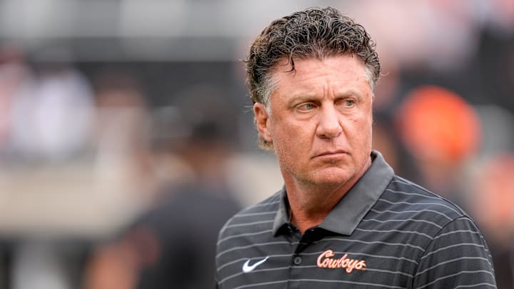 Oklahoma State Head coach Mike Gundy walks on the field before an NCAA football game between Oklahoma State (OSU) and UT Martin in Stillwater, Okla., on Thursday, Aug. 28, 2025. Oklahoma State Head coach Mike Gundy walks on the field before an NCAA football game between Oklahoma State (OSU) and UT Martin in Stillwater, Okla., on Thursday, Aug. 28, 2025.