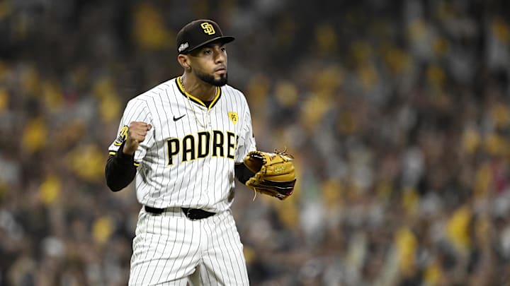 San Diego Padres pitcher Robert Suarez (75) celebrates after defeating the Los Angeles Dodgers during game three of the NLDS for the 2024 MLB Playoffs at Petco Park on Oct 8.