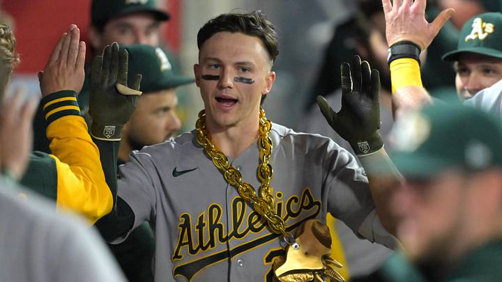 May 19, 2026; Anaheim, California, USA; Athletics center fielder Zack Gelof (20) is greeted in the dugout after a solo home run in the seventh inning against the Los Angeles Angels at Angel Stadium. Mandatory Credit: Jayne Kamin-Oncea-Imagn Images May 19, 2026; Anaheim, California, USA; Athletics center fielder Zack Gelof (20) is greeted in the dugout after a solo home run in the seventh inning against the Los Angeles Angels at Angel Stadium. Mandatory Credit: Jayne Kamin-Oncea-Imagn Images