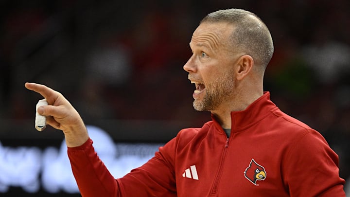 Nov 24, 2025; Louisville, Kentucky, USA;  Louisville Cardinals head coach Pat Kelsey reacts during the second half against the Eastern Michigan Eagles at KFC Yum! Center. Louisville defeated Eastern Michigan 87-46. Mandatory Credit: Jamie Rhodes-Imagn Images