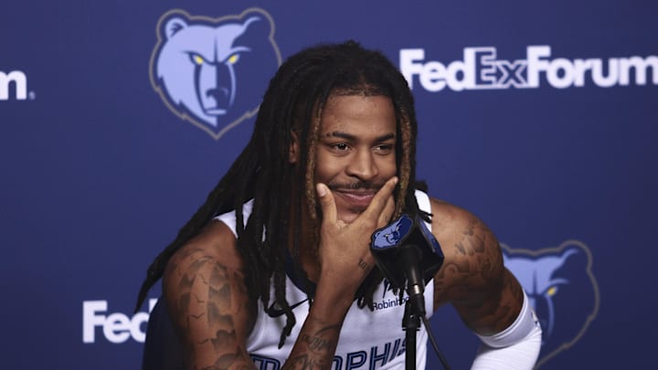 Sep 29, 2025; Memphis, TN, USA; Memphis Grizzlies guard Ja Morant speaks to media during a press conference on media day at FedEx Forum.  Mandatory Credit: Petre Thomas-Imagn Images Mandatory Credit: Petre Thomas-Imagn Images