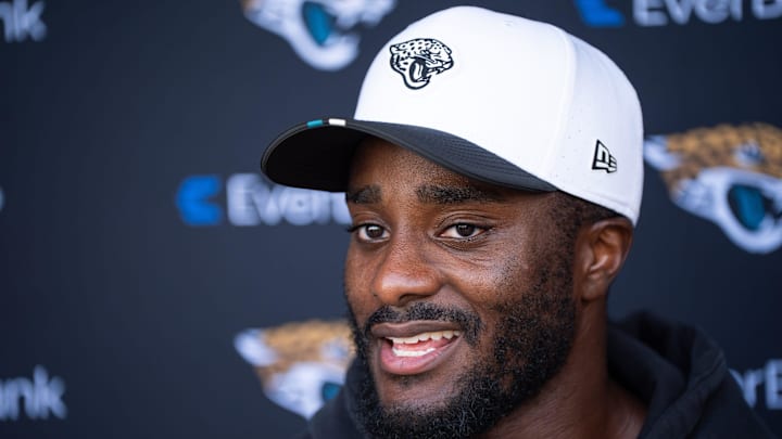 Jacksonville Jaguars cornerback Jourdan Lewis (2) answers questions after the Jaguar’s 12th NFL training camp session at the Miller Electric Center, Thursday, Aug. 7, 2025, in Jacksonville, Fla. [Doug Engle/Florida Times-Union]