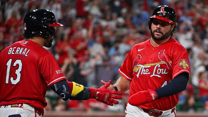 Sep 11, 2026; St. Louis, Missouri, USA; St. Louis Cardinals first baseman Alec Burleson (41) is congratulated by catcher Leo Bernal (13) after scoring against the Chicago White Sox during the fifth inning at Busch Stadium. Mandatory Credit: Jeff Curry-Imagn Images Sep 11, 2026; St. Louis, Missouri, USA; St. Louis Cardinals first baseman Alec Burleson (41) is congratulated by catcher Leo Bernal (13) after scoring against the Chicago White Sox during the fifth inning at Busch Stadium. Mandatory Credit: Jeff Curry-Imagn Images