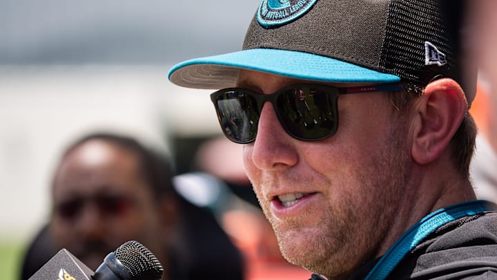 Jacksonville Jaguars head coach Liam Coen answers questions during a press conference after the fourth organized team activity at the Miller Electric Center in Jacksonville, Fla. Tuesday, May 27, 2025. [Doug Engle/Florida Times-Union]Jacksonville Jaguars during the fourth organized team activity at the Miller Electric Center in Jacksonville, Fla. Tuesday, May 27, 2025. [Doug Engle/Florida Times-Union]
