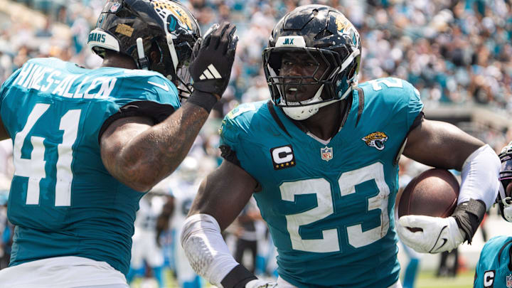 Jacksonville Jaguars defensive end Josh Hines-Allen (41) celebrates Jacksonville Jaguars linebacker Foyesade Oluokun’s (23) interception during the second quarter of an NFL football game between the Carolina Panthers at Jacksonville Jaguars at EverBank Stadium Sunday September 7, 2025. [Doug Engle/Florida Times-Union]