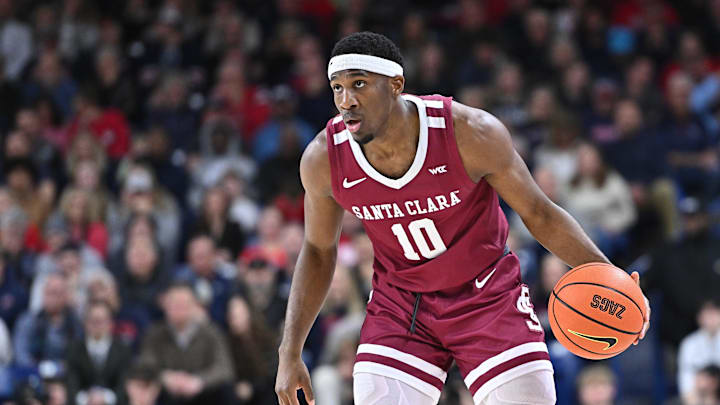 Jan 18, 2025; Spokane, Washington, USA; Santa Clara Broncos guard Carlos Stewart Jr. (10) controls the ball against the Gonzaga Bulldogs in the second half at McCarthey Athletic Center. Mandatory Credit: James Snook-Imagn Images