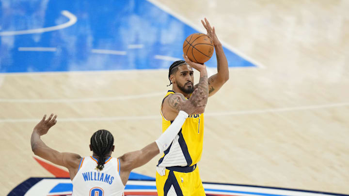 Jun 5, 2025; Oklahoma City, Oklahoma, USA; Indiana Pacers forward Obi Toppin (1) shoots the ball against the Oklahoma City Thunder during the fourth quarter in game one of the 2025 NBA Finals at Paycom Center. Mandatory Credit: Kyle Terada-Imagn Images