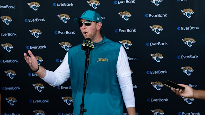 Jacksonville Jaguars head coach Liam Coen talks during a press conference after practice during an NFL training camp fifth session at the Miller Electric Center, Monday, July 28, 2025, in Jacksonville, Fla. [Doug Engle/Florida Times-Union]