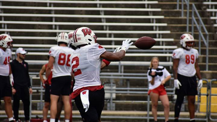 Wisconsin Badgers wide receiver Chris Brooks Jr. catches a pass during practice. Wisconsin Badgers wide receiver Chris Brooks Jr. catches a pass during practice.