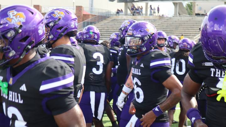 Prairie View A&M football team during pregame warmups. Prairie View A&M football team during pregame warmups.