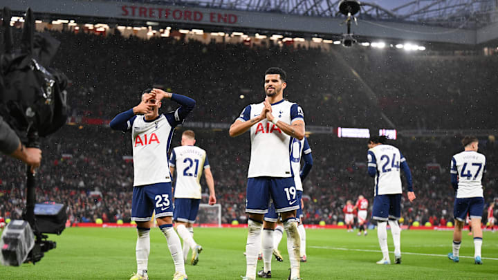 Dominic Solanke and Pedro Porro celebrate at Old Trafford 