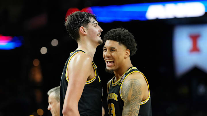 Apr 4, 2026; Indianapolis, IN, USA; Michigan Wolverines center Aday Mara (15) and forward Yaxel Lendeborg (23) react during the second half in a semifinal of the Final Four of the men's 2026 NCAA Tournament at Lucas Oil Stadium. Mandatory Credit: Bob Donnan-Imagn Images