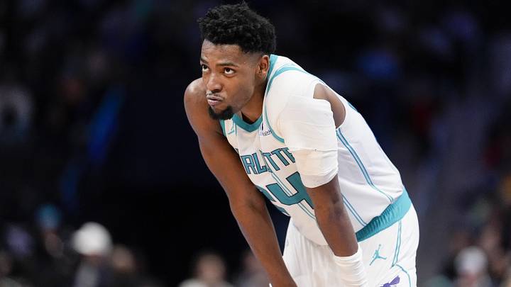 Feb 2, 2026; Charlotte, North Carolina, USA; Charlotte Hornets forward Brandon Miller (24) reacts to a call late in the game against the New Orleans Pelicans during the second half at the Spectrum Center. Mandatory Credit: Jim Dedmon-Imagn Images