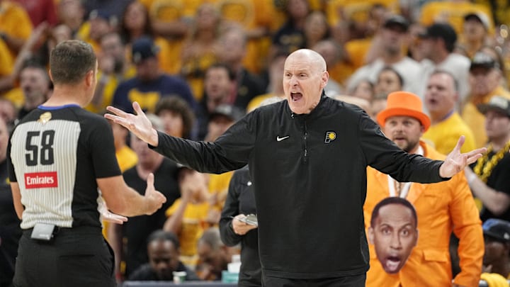 Jun 13, 2025; Indianapolis, Indiana, USA; Indiana Pacers head coach Rick Carlisle argues with NBA referee Josh Tiven after a play against the Oklahoma City Thunder during the second half during game four of the 2025 NBA Finals at Gainbridge Fieldhouse. Mandatory Credit: Kyle Terada-Imagn Images