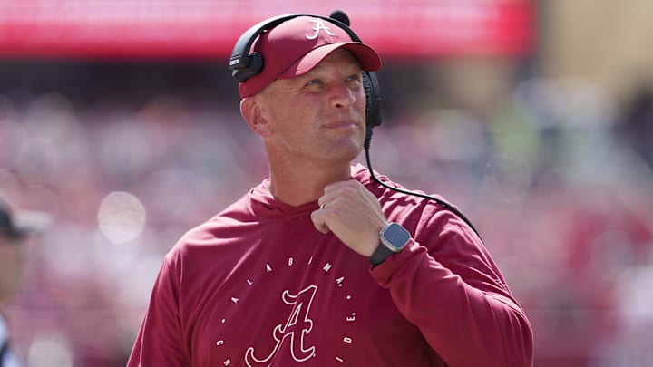 Sep 14, 2024; Madison, Wisconsin, USA;  Alabama Crimson Tide head coach Kalen DeBoer during the game against the Wisconsin Badgers at Camp Randall Stadium. Mandatory Credit: Jeff Hanisch-Imagn Images