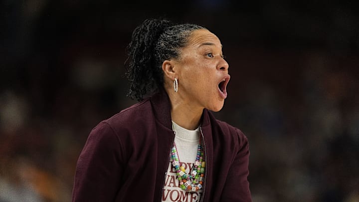 Mar 8, 2025; Greenville, SC, USA; South Carolina Gamecocks head coach Dawn Staley yells to her team during the first half against the Oklahoma Sooners at Bon Secours Wellness Arena. Mandatory Credit: Jim Dedmon-Imagn Images Mar 8, 2025; Greenville, SC, USA; South Carolina Gamecocks head coach Dawn Staley yells to her team during the first half against the Oklahoma Sooners at Bon Secours Wellness Arena. Mandatory Credit: Jim Dedmon-Imagn Images