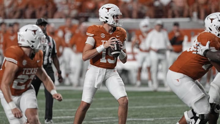 Sep 14, 2024; Austin, Texas, USA; Texas Longhorns quarterback Trey Owens (15) looks to pass the ball during the second half against the Texas-San Antonio Roadrunners at Darrell K Royal-Texas Memorial Stadium. Mandatory Credit: Scott Wachter-Imagn Images