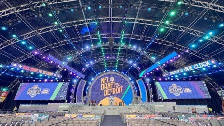 The main stage as work goes on at the NFL Draft Theater near Campus Martius in Detroit on Tuesday,