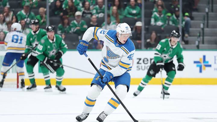 St. Louis Blues prospect defenseman Quinton Burns against the Dallas Stars in the 2026 NHL preseason