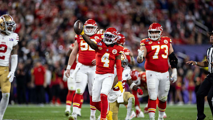 Rashee Rice pointed toward the endzone after securing a first down grab in Super Bowl LVIII, a game where he had six catches on eight targets.