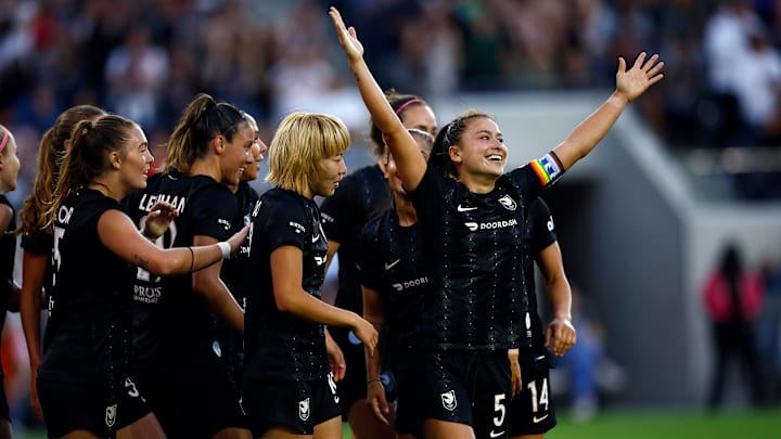 Angel City FC's Ali Riley celebrates during match against San Diego Wave FC