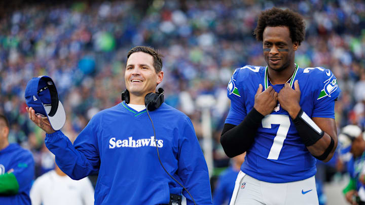 Mike Macdonald and Geno Smith of the Seattle Seahawks