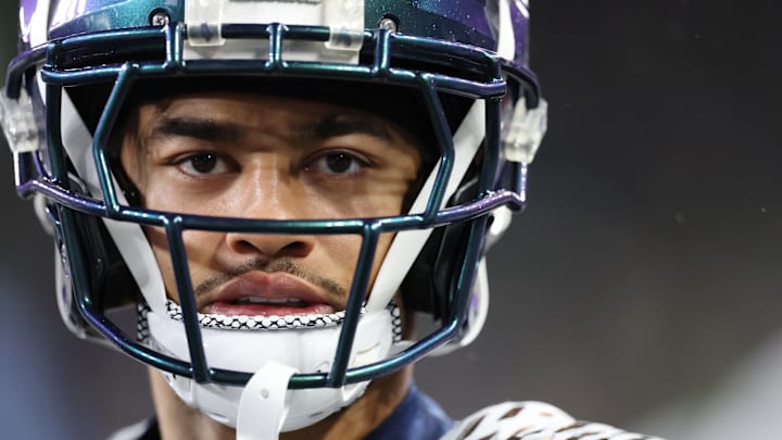 Jaxon Smith-Njigba of the Seattle Seahawks stares Jaxon Smith-Njigba of the Seattle Seahawks stares