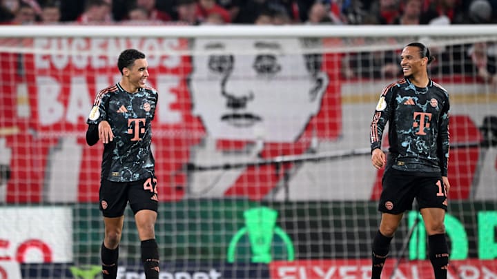 Leroy Sane and hat-trick hero Jamal Musiala during the win over Mainz 05 
