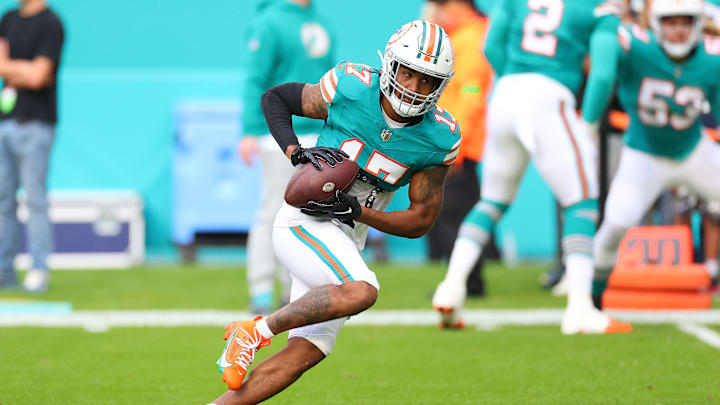 Jaylen Waddle, seen here catching a pass against the Dallas Cowboys, will not be traded this off season or in the future, according to Miami Dolphins General Manager Chris Grier.
