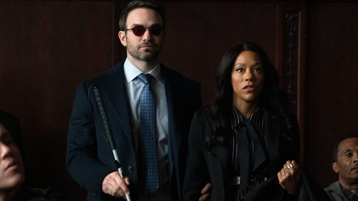 Daredevil/Matt Murdock (Charlie Cox) and Kirsten Mcduffie, ADA (Nikki M. James) in Marvel Television's DAREDEVIL: BORN AGAIN, exclusively on Disney+. Photo by Giovanni Rufino. © 2025 MARVEL.