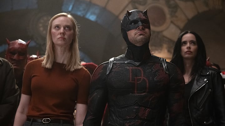(L-R) Karen Page (Deborah Ann Woll), Matt Murdock/Daredevil (Charlie Cox) and Jessica Jones (Krysten Ritter) in Marvel Television's DAREDEVIL: BORN AGAIN SEASON 2, exclusively on Disney+. 