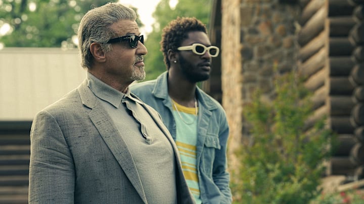 Sylvester Stallone as Dwight "The General" Manfredi and Jay Will as Tyson of the Paramount+ original series TULSA KING. Photo Cr: Brian Douglas/Paramount+. © 2022 Viacom International Inc. All Rights Reserved.