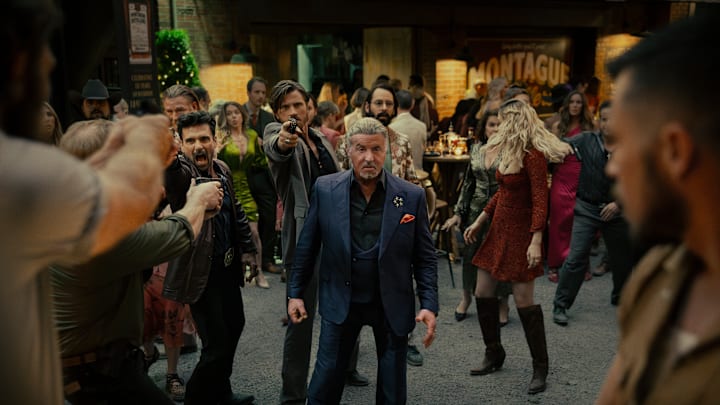 Frank Grillo as Bill Bevilaqua, Garrett Hedlund as Mitch, Martin Starr as Bodhi and Sylvester Stallone as Dwight Manfredi in the Paramount+ original series TULSA KING. Photo Credit: Steve Swisher/Paramount+. ©2025 Viacom International Inc. All Rights Reserved.