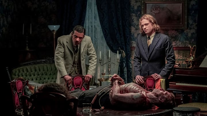 Sam Reid as Lestat De Lioncourt, Jacob Anderson as Louis De Point Du Lac and Bailey Bass as Claudia - Interview with the Vampire _ Season 1, Episode 5 - Photo Credit: Alfonso Bresciani/AMC