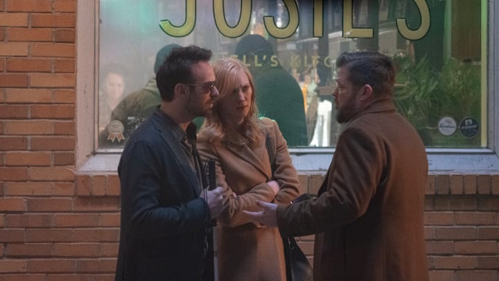 (L-R) Daredevil/Matt Murdock (Charlie Cox), Karen Page (Deborah Ann Woll), and Foggy Nelson (Elden Henson) in Marvel Television's DAREDEVIL: BORN AGAIN, exclusively on Disney+. Photo by Giovanni Rufino. © 2024 MARVEL.