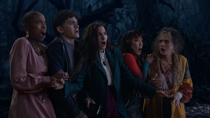 (L-R) Jennifer Kale (Sasheer Zamata), Teen (Joe Locke), Agatha Harkness (Kathryn Hahn), Alice Wu-Gulliver (Ali Ahn), and Lilia Calderu (Patti LuPone) in Marvel Television's AGATHA ALL ALONG, exclusively on Disney+. Photo by Chuck Zlotnick. © 2024 MARVEL.