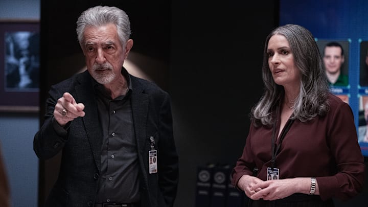 L-R: Joe Mantegna as David Rossi and Paget Brewster as Emily Prentiss in Criminal Minds: Evolution, episode 1, season 17 streaming on Paramount+, 2024. Photo Credit: Michael Yarish /Paramount+