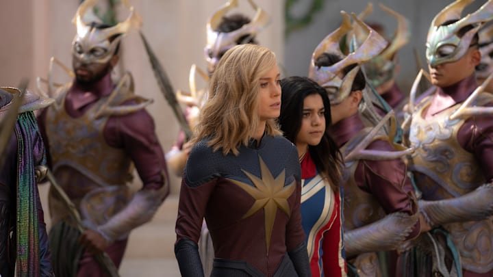 (L-R): Brie Larson as Captain Marvel/Carol Danvers and Iman Vellani as Ms. Marvel/Kamala Khan in Marvel Studios' THE MARVELS. Photo by Laura Radford. © 2023 MARVEL.