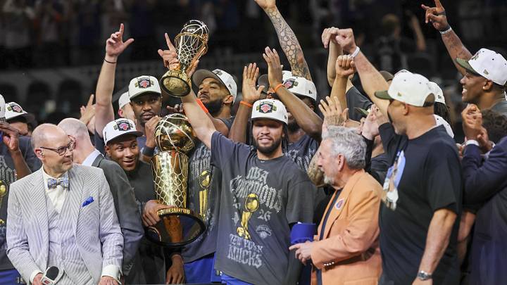 Jun 13, 2026; San Antonio, Texas, USA; New York Knicks guard Jalen Brunson (11) celebrates with his teammates after the Knicks defeat the San Antonio Spurs during game five of the 2026 NBA Finals at Frost Bank Center. Mandatory Credit: Geoff Burke-Imagn Images