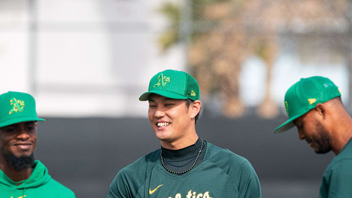 Feb 17, 2023; Mesa, AZ, USA; Oakland Athletic pitcher Shintaro Fujinami