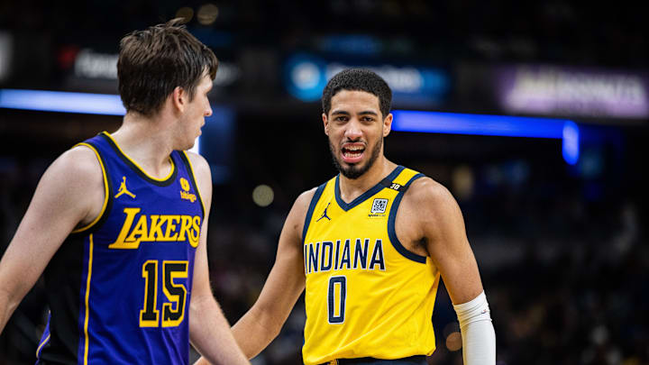 Mar 29, 2024; Indianapolis, Indiana, USA; Indiana Pacers guard Tyrese Haliburton (0) reacts to a