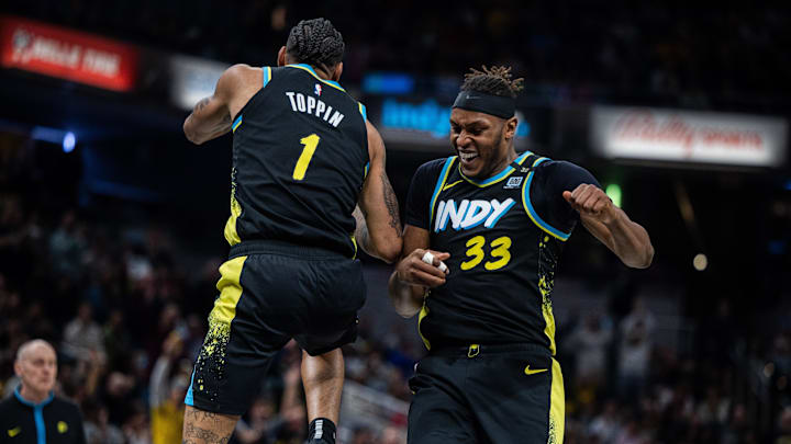 Apr 7, 2024; Indianapolis, Indiana, USA;  Indiana Pacers forward Obi Toppin (1) and Indiana Pacers