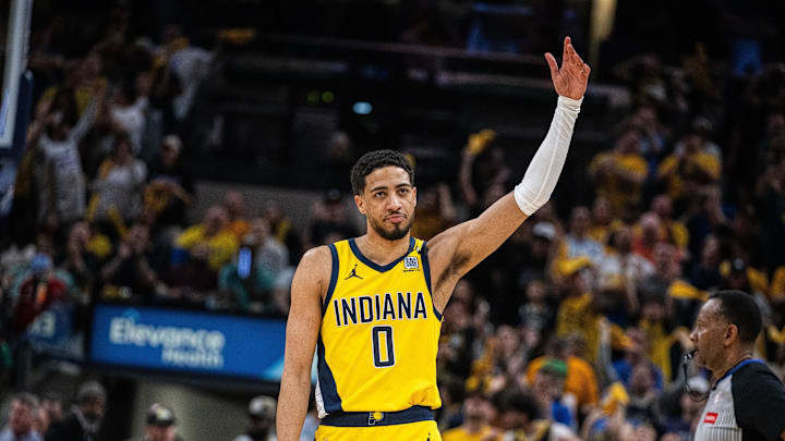 Apr 28, 2024; Indianapolis, Indiana, USA; Indiana Pacers guard Tyrese Haliburton (0) celebrates a