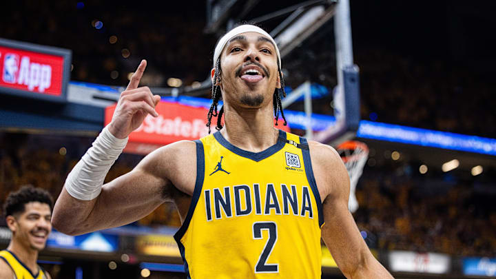 May 2, 2024; Indianapolis, Indiana, USA; Indiana Pacers guard Andrew Nembhard (2) celebrates a