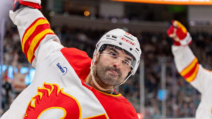 Feb 26, 2026; San Jose, California, USA; Calgary Flames center Nazem Kadri (91) celebrates his goal during the third period against the San Jose Sharks at SAP Center at San Jose. Mandatory Credit: Bob Kupbens-Imagn Images