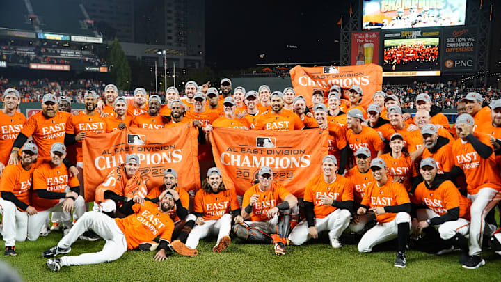 Sep 28, 2023; Baltimore, Maryland, USA; The Baltimore Orioles pose for a team photo after clinching